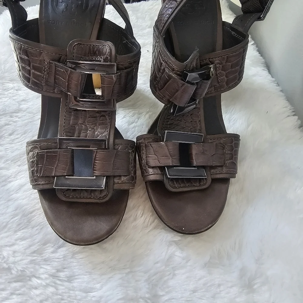TORY BURCH Kayla Croc Leather Platform Sandals Heels